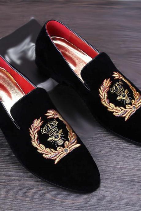 Handmade Slip On Loafer Suede Leather Black Velvet Embroidered Wedding Shoes