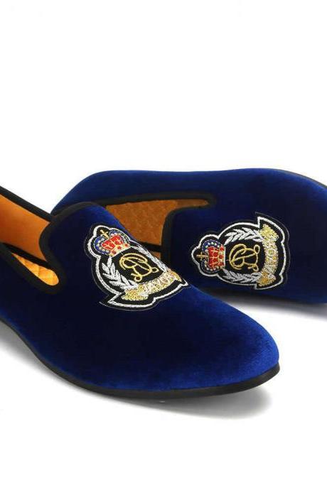 Blue Velvet Suede Leather Embroidery Loafer Customize Formal Shoes