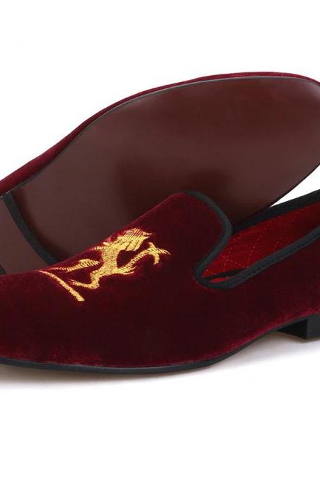 Red Velvet Party Loafer Embroidery Cow Skin Suede Leather Slip On Shoes