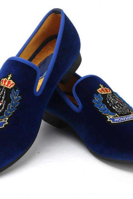 Royal Blue Velvet Embroidered Loafer Suede Leather Formal Shoes