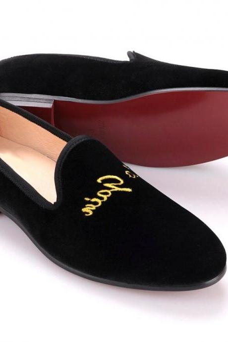 Slip On Optimal Loafer Embroidery Black Velvet Men Formal Dress Shoes