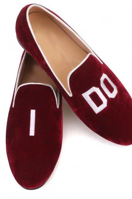 Party Red Velvet Loafer Suede Leather Embroidery Pull On Formal Shoes