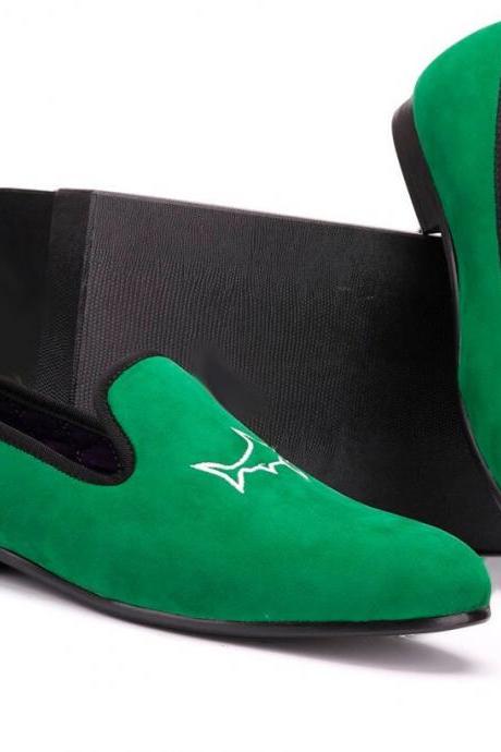 Green Velvet Suede Loafer Embroidery Leather Slip On Formal Shoes