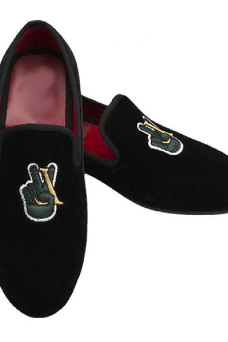 Out Class Loafer Suede Leather Slip On Men's Black Velvet Embroidery Shoes