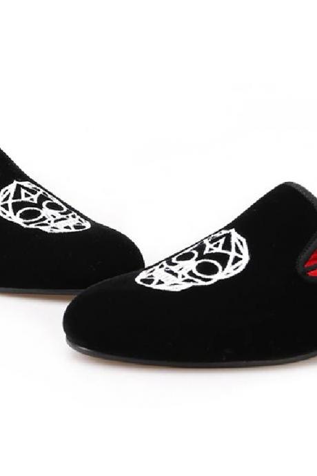 New Black Velvet Loafer Embroidery Formal Suede Leather Party Shoes