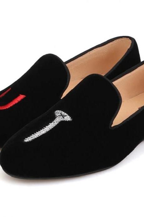 Men's Embroidery Black Velvet Suede Leather Pull On Party Shoes