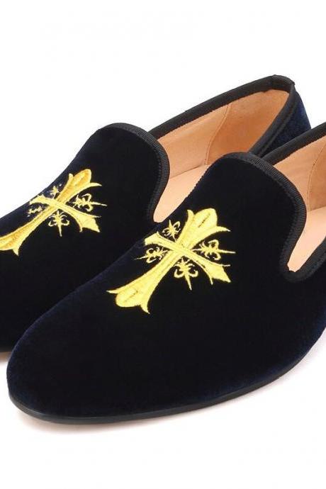 Men's Loafer Embroidery Black Suede Leather Formal Velvet Shoes