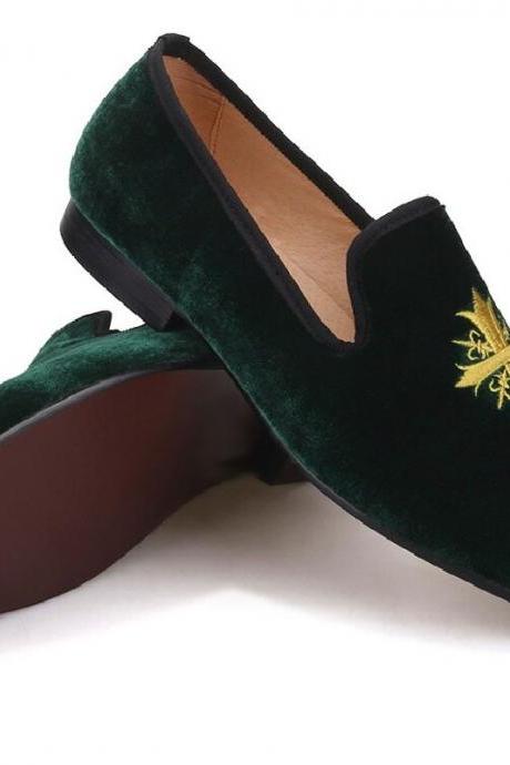 Men Green Loafer Embroidered Velvet Suede Leather Party Shoes