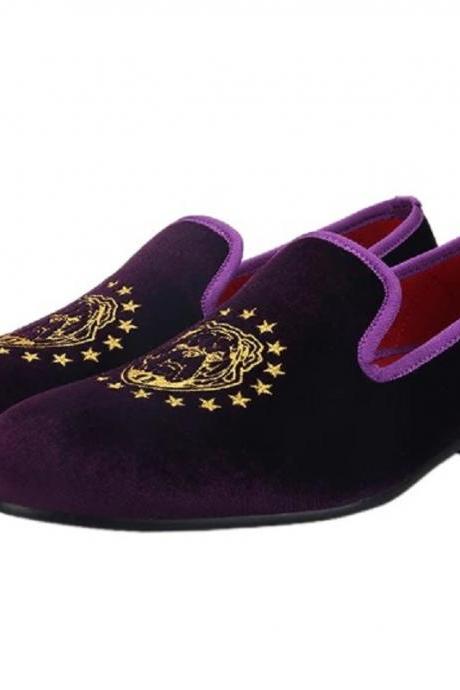 Lovely Men's Suede Leather Violet Velvet Embroidery Pull On Loafer Shoes