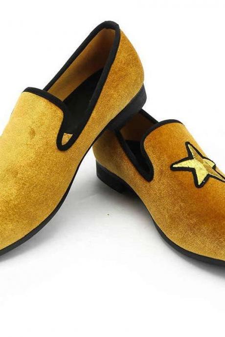 Men's Macaroon Yellow Suede Leather Star Velvet Embroidery Loafer Wedding Shoes