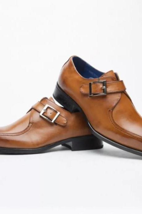 Voguish Tawny Brown Single Buckle Strap Pure Leather Monk Formal Shoes