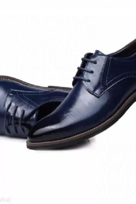 Chic Derby Patina Navy Blue Pointed Toe Lace Up Leather Men Shoes