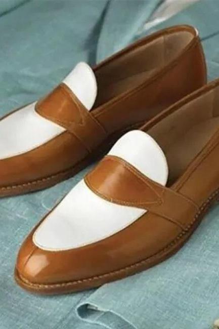 Two Tone Copper White Real Leather Moc Toe Men Wedding Shoes