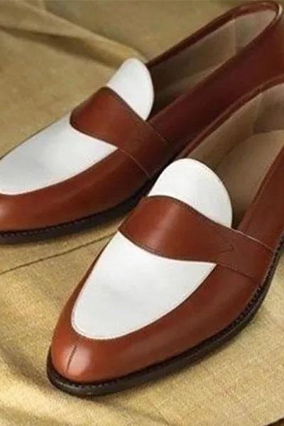 Chestnut Brown White Split Toe Slip On Men's Penny Loafer Leather Shoes