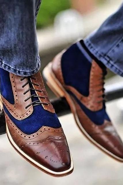 Men's Two Tone Derby Patina Brogue Wingtip Suede Leather Lace Up Ankle Shoes