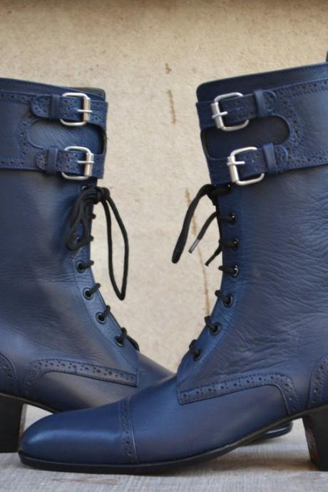 Stylish Blue Color Mid Heel Pure Leather Lace Up Monk Dual Buckle Strap High Ankle Long Boots