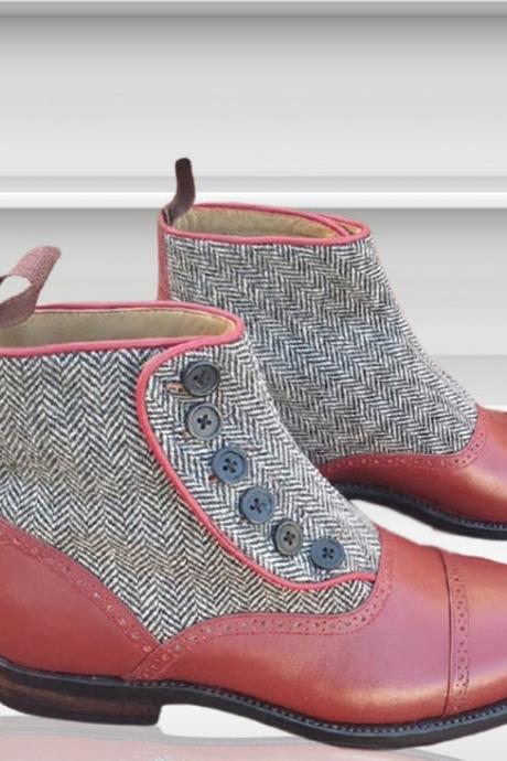 Two Tone Button Up Tweed Pull Loop Cow Skin Leather Cap Toe Men's Ankle Boots