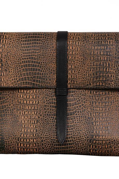 Distressed Brown Document Alligator Print Leather Bag, Laptop Travel Bag, Genuine Leather Executive Bag