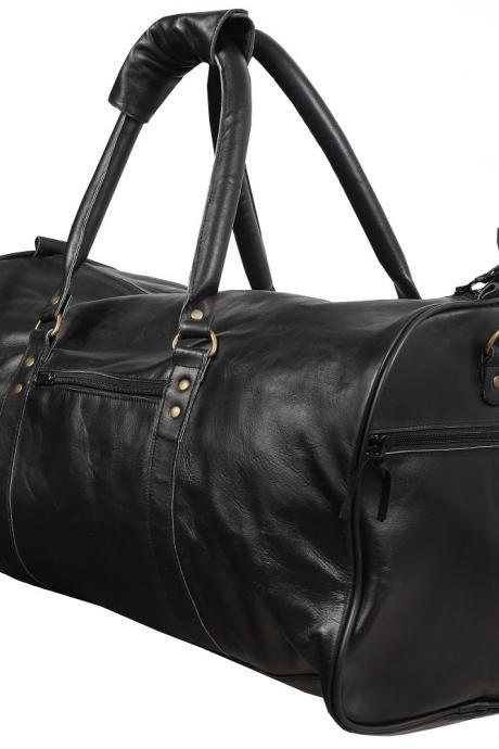 Sports Black Luggage Bag, Premium Leather Handle Weekender Bag, Zippered Belted Travel Bag