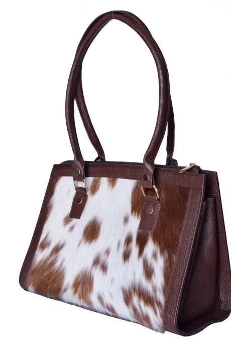Women Handmade Purse, Cow Texture Printed Bag, Hand Carry Multi Compartment Cowhide Leather Purse Bag
