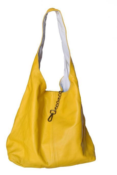 Ladies Tote Attractive Yellow Pure, Cow Skin Leather Hand Bag, Brass Hardware Chain Purse Bag