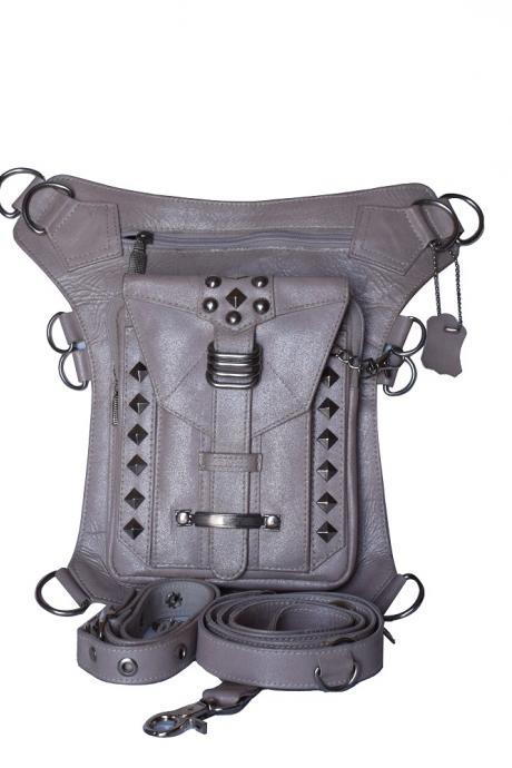 Gray Backpack, Unisex Leather Hip Bag, Waist Bag, Funny Holster Bag, Cross Body Bag, Leather Studded Bag, Handmade Travel bag