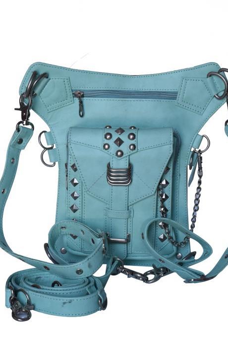 Unisex Leather Waist Bag, Funny Holster Bag, Light Blue Backpack, Studded Bag, Cross Body Bag, Leather Backpack, Handmade Travel bag
