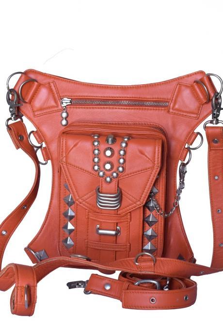 Multi Studs Unisex Backpack, Handmade Cowhide Leather Holster Bag, Orange Color Waist Bag, Cross Body Bag, Hip Travel bag