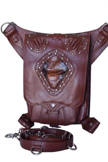 Handmade Studs Backpack, Genuine Cow Skin Leather Holster Bag, Brown Color Hip Bag, Cross Body Waist Bag, Unisex Travel Bag
