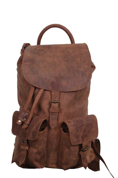 Brown Leather Backpack, Personalized Bag with Two Front Pockets, Handmade Travel Leather Backpack, Unisex Travel bag, Laptop Leather Bag,