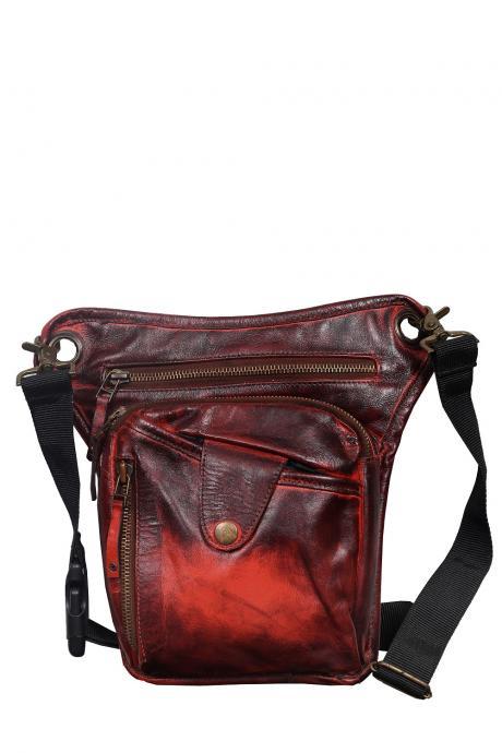 Handmade Unisex Leather Hip Bag, Red Leather Backpack, Cross Body Bag, Waist Bag, Funny Backpack, Shoulder Strap Holster Bag