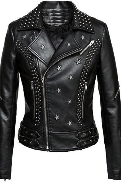 Ladies Star Studs Jacket, Lapel Collar Bikers Jacket, Genuine Leather Customize Jacket, Personalized Punk Silver Studs Jacket,