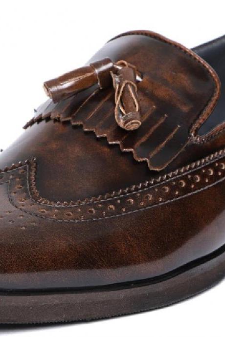 Customize Brown Fringes Shoes, Tassels Loafer Real Leather Shoes, Full Brogue Formal Party Shoes,