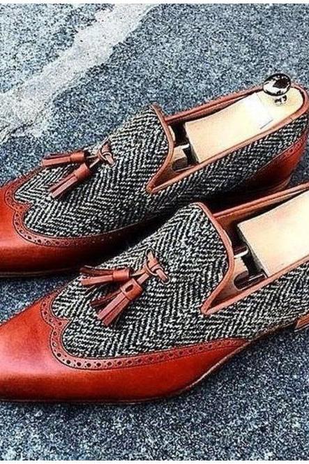 Dual Tone Tweed Shoes, Men's Formal Wedding Pairs, Genuine Leather Wingtip Slip On Shoes, Tassels Loafer Shoes,