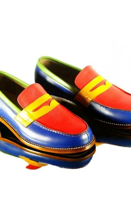 Multicolor Penny Loafer Shoes, Hand Stitched Contrast Sole Shoes, Genuine Leather Men's Handmade Formal Party Shoes,