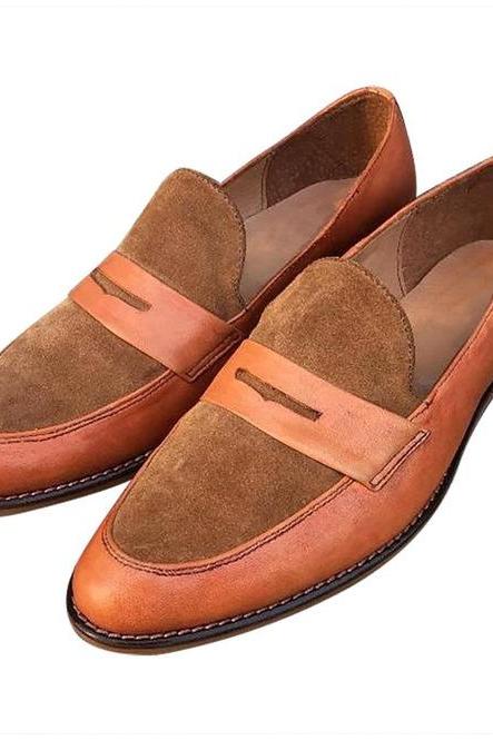 Penny Loafer Tan Brown, Men's Handmade Suede Leather Shoes, Slip On Moc Toe Formal Wedding Shoes,