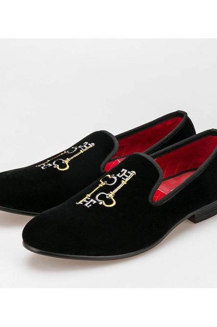 Black Velvet Key Embroidered Shoes, Men's Handmade Suede Leather Shoes, Loafer Slip On Party Wears Formal Shoes,