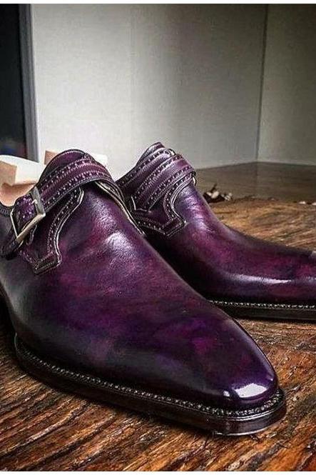 Purple Color Single Monk Strap Premium Leather Men's Patina Formal Shoes