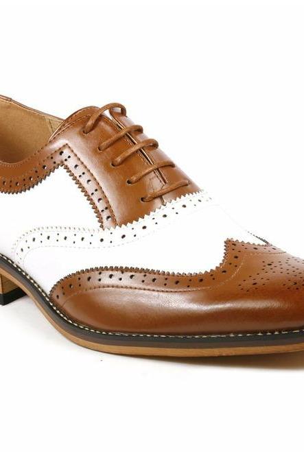 Handcrafted Spectator White Brown Color Shoes, Oxford Full Brogue Wingtip Shoes, Customize Patina Men's Formal Shoes, Real Leather Shoes,