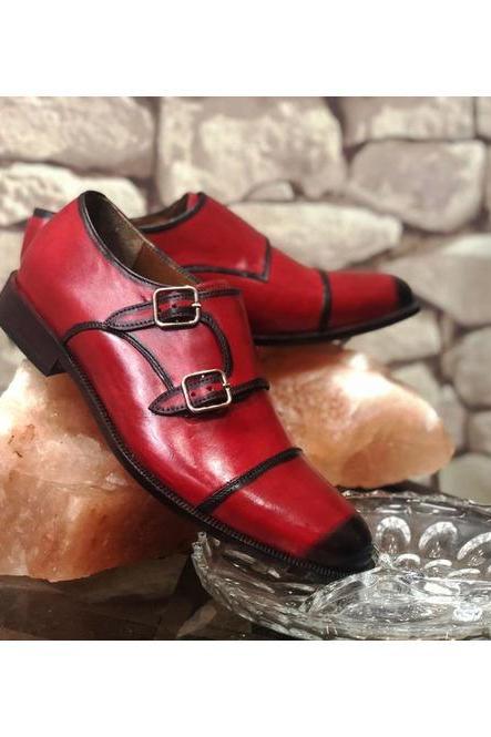 Handmade Red Patina Monk Strap Shoes, Real Cow Skin Leather Dual Buckle Closure Shoes, Customize Cap Toe Formal Dress Shoes,