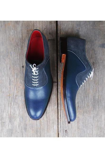 Made To Order Navy Blue Upper Suede Shoes, Men's Handmade Lace UP Fastening Shoes, Patina Formal Oxford Shoes,