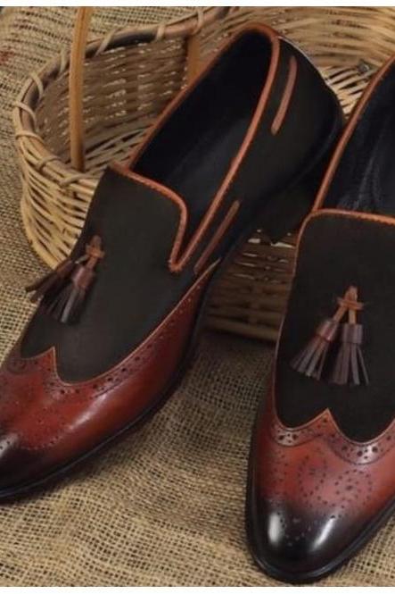 Multi Color Tassels Loafer Upper Suede Leather Shoes, Handcrafted Slip On Men's Party Shoes, Medallion Wingtip Formal Shoes,