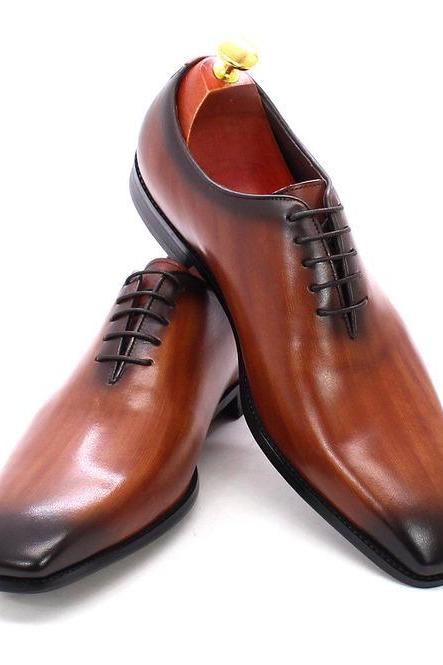 Handmade Men's Oxford Wooden Brown Wholecut Patina Shoes, Genuine Cowhide leather Lace Up Formal Shoes, Patent Shaded Toe Shoes,