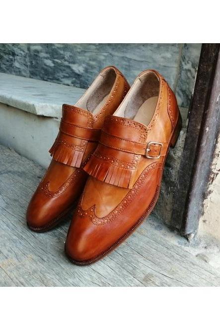 Monk Formal Handcraft Shoes, Customize Genuine Leather Tawny Color Medallion Wingtip Shoes, Men's Fringes Buckle Strap Formal Shoes,