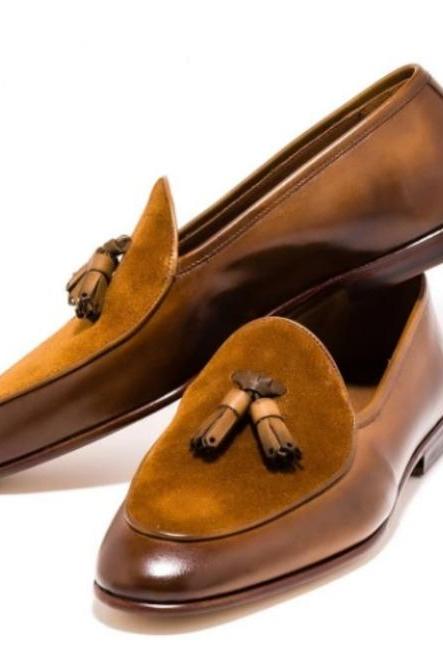 Brown Suede Leather Tassels Loafer pull On Shoes, Customize Men's Handmade Apron Toe Patina Shoes, Real Leather Party Shoes, 