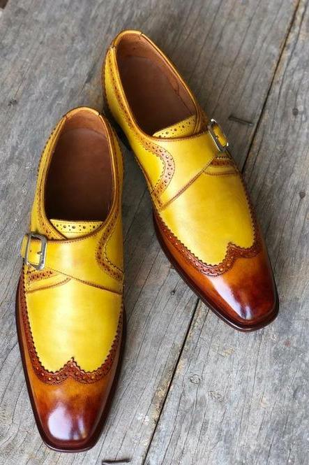 Personalized Multi Color Monk, Premium Leather Patent Wingtip Shoes, Men's Handmade Single Monk Strap, Buckle Fastening Shoes,