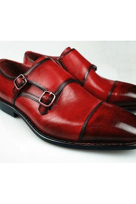 Dual Buckle Monk Strap Patent Cap Toe Shoes, Men's Handmade Red Color Formal Shoes, Cowhide Leather Dress Shoes,
