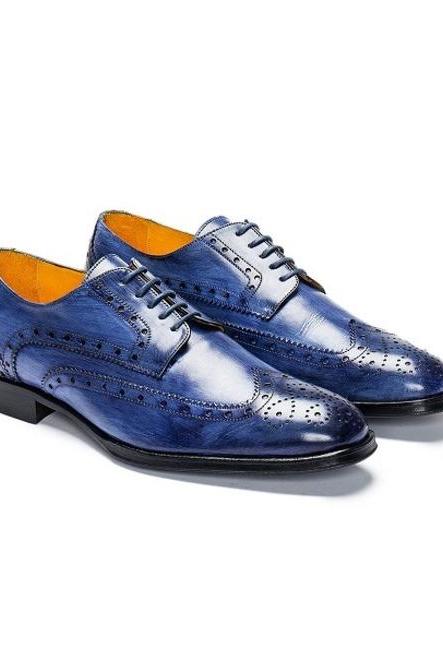 Customize Navy Blue Full Brogue Shoes, Handmade Real Leather Wingtip Shoes, Derby Lace Up Closure Formal Business Shoes,