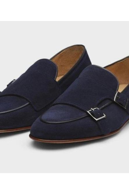 Vintage Navy Blue Monk Style Shoes, Apron Toe Suede Leather Dual Buckle Strap, Party Wears Formal Shoes,