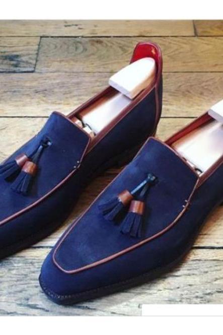 Men's Tassel Loafer Blue Color Shoes, Handmade Pointed Toe Real Suede Leather, Slip On Moc Toe Wedding Shoes,